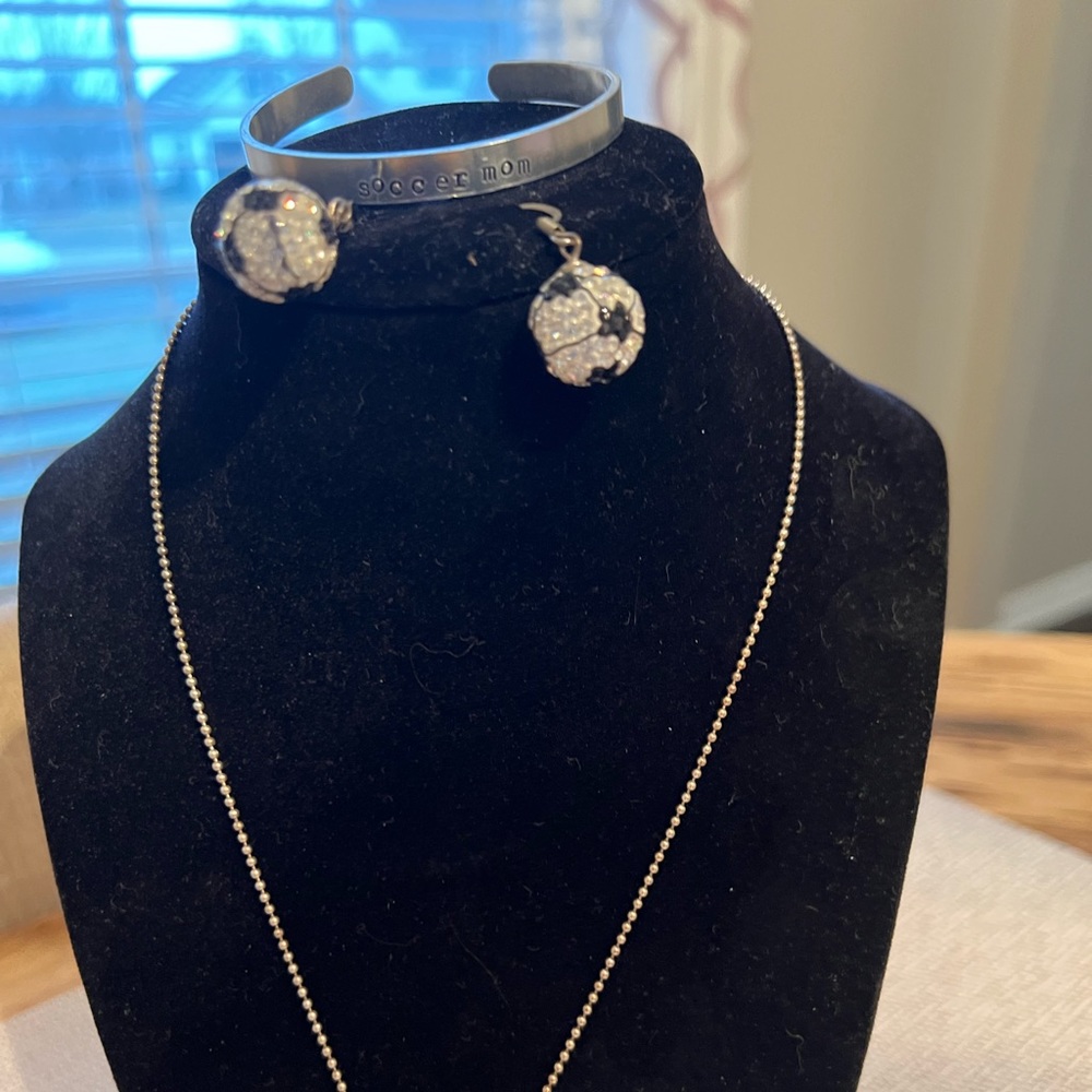 Soccer mom necklace, earrings and cuff bracelet. 18” silver chain